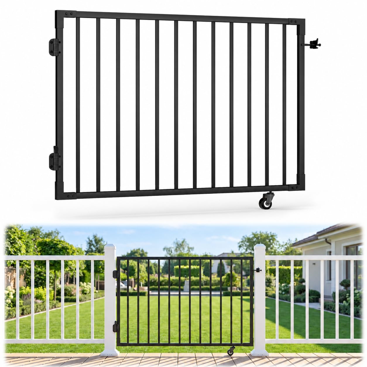 5ft.W x 42in.H Aluminum Deck Gate, Anti-Sag Frame &amp; Wheel, Black