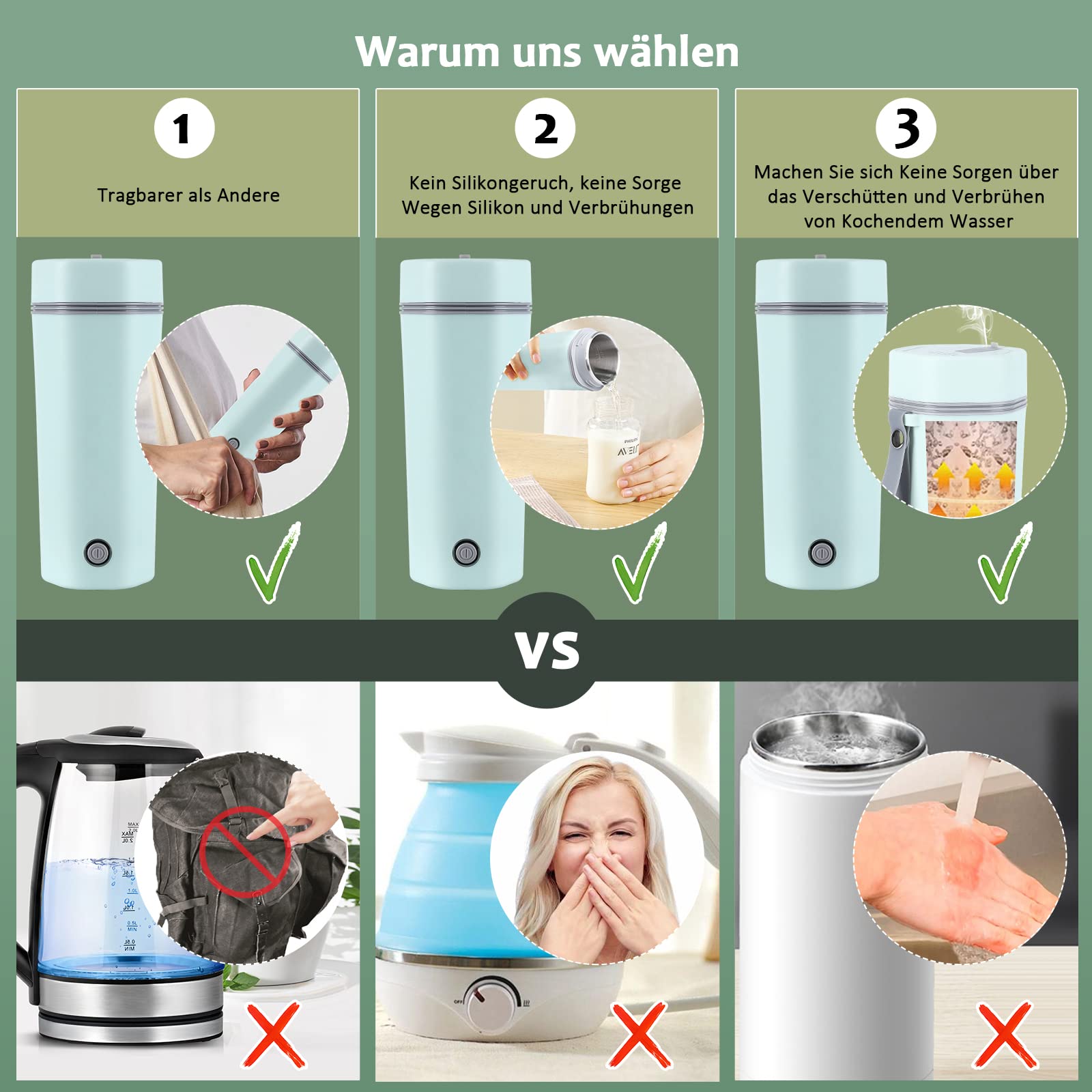 Garvee Hervidor eléctrico portátil para café y té - Acero inoxidable 304 - Calentamiento rápido y seguro - Ideal para viajes y oficina - Diseño compacto - Capacidad 400ml - Apagado automático - Green