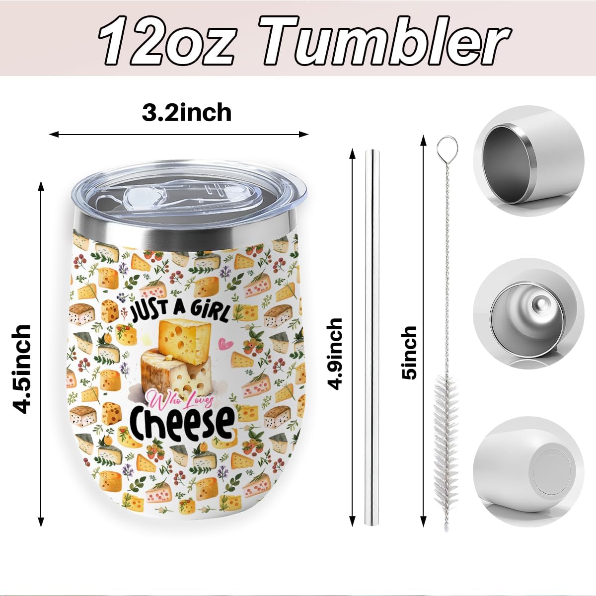 Funny Cheese Gifts Wine Tumbler 12 oz Insulated Wine Glass Cup with Lid Straw Vacuum Insulated Travel Cup, Cheese Lover Food Gifts for Women Friend Bestie Sister Birthday Christmas Halloween