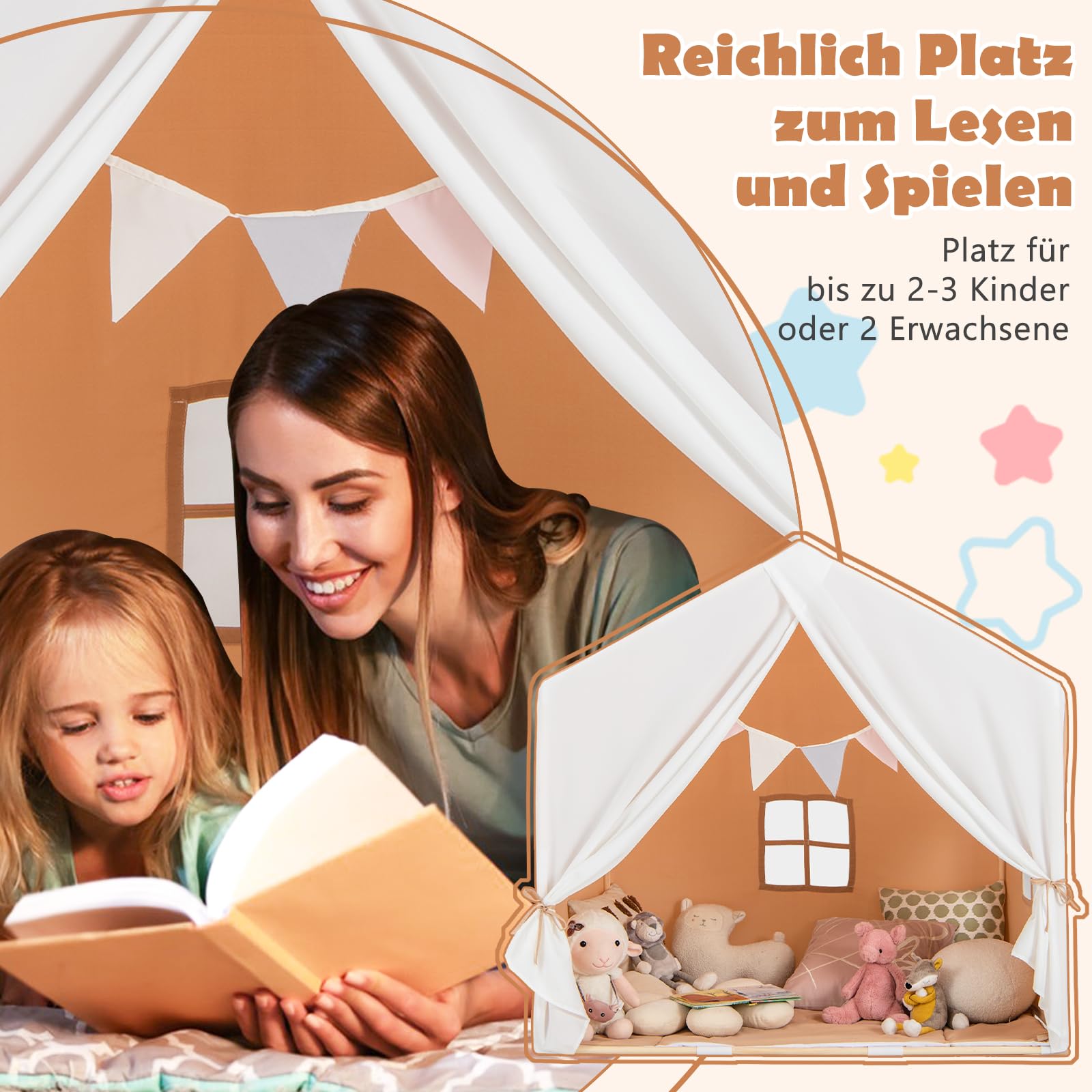 COSTWAY Kinderzelt mit Fenster & Matte & Holzrahmen, Kinder Spielhaus mit Vorhang & bunten Flaggen, Prinzessin Spielzelt für drinnen & draußen, Kinderspielhaus Kinderspielzelt für Jungen und Märchen