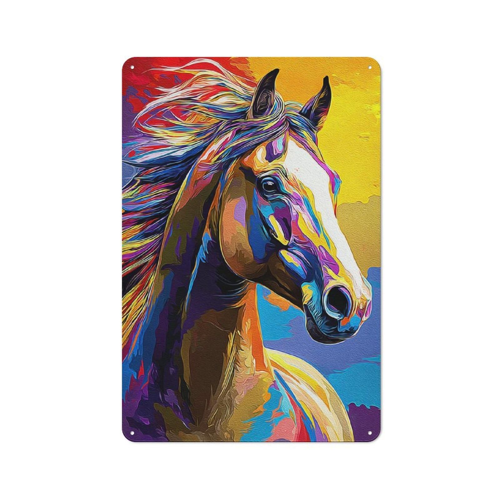Junmoney Colorful Horse Portrait Artwork -1 Tin Sign With Design 30X20cm, Vintage Workshop Wall Decor For Tool Room, Garage, Studio Or Home Bar