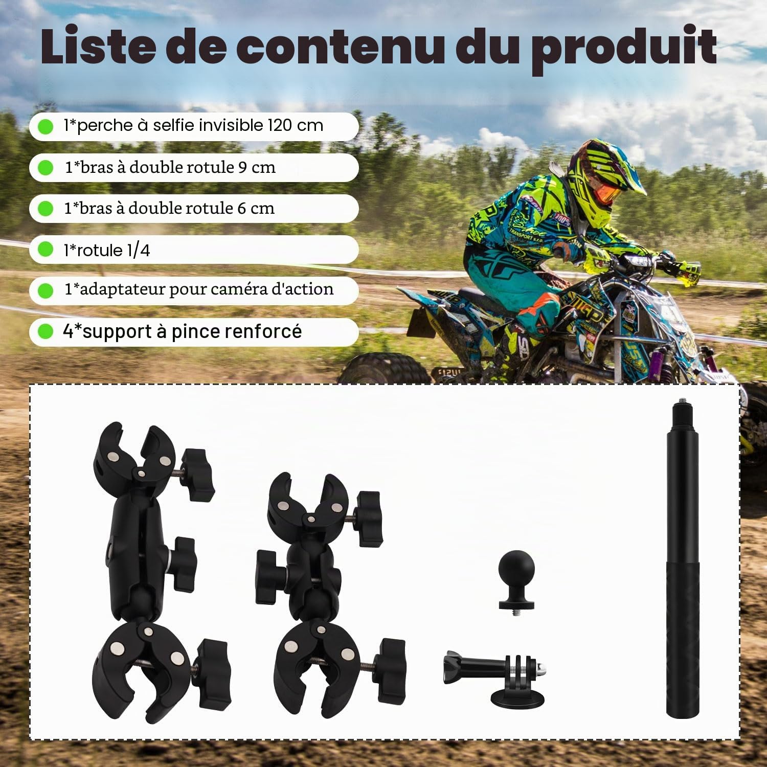 Support Double Moto pour DJI Osmo360 avec 47" Invisible Selfie Stick compatible Insta 360X5 ONE RS GO3 Alliage d'aluminium Caméra Robuste Vélo ATV