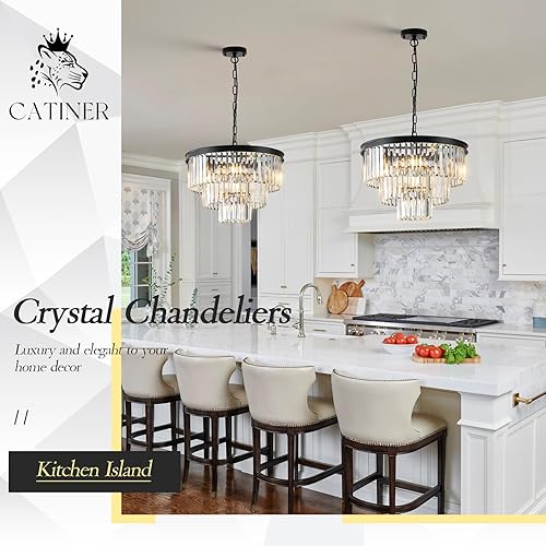 Miniatura 6 de Candelabros de cristal negro, lámparas modernas de 20 pulgadas para comedor, 3 niveles, 7 luces, colgante de techo de cristal K9, lámpara redonda