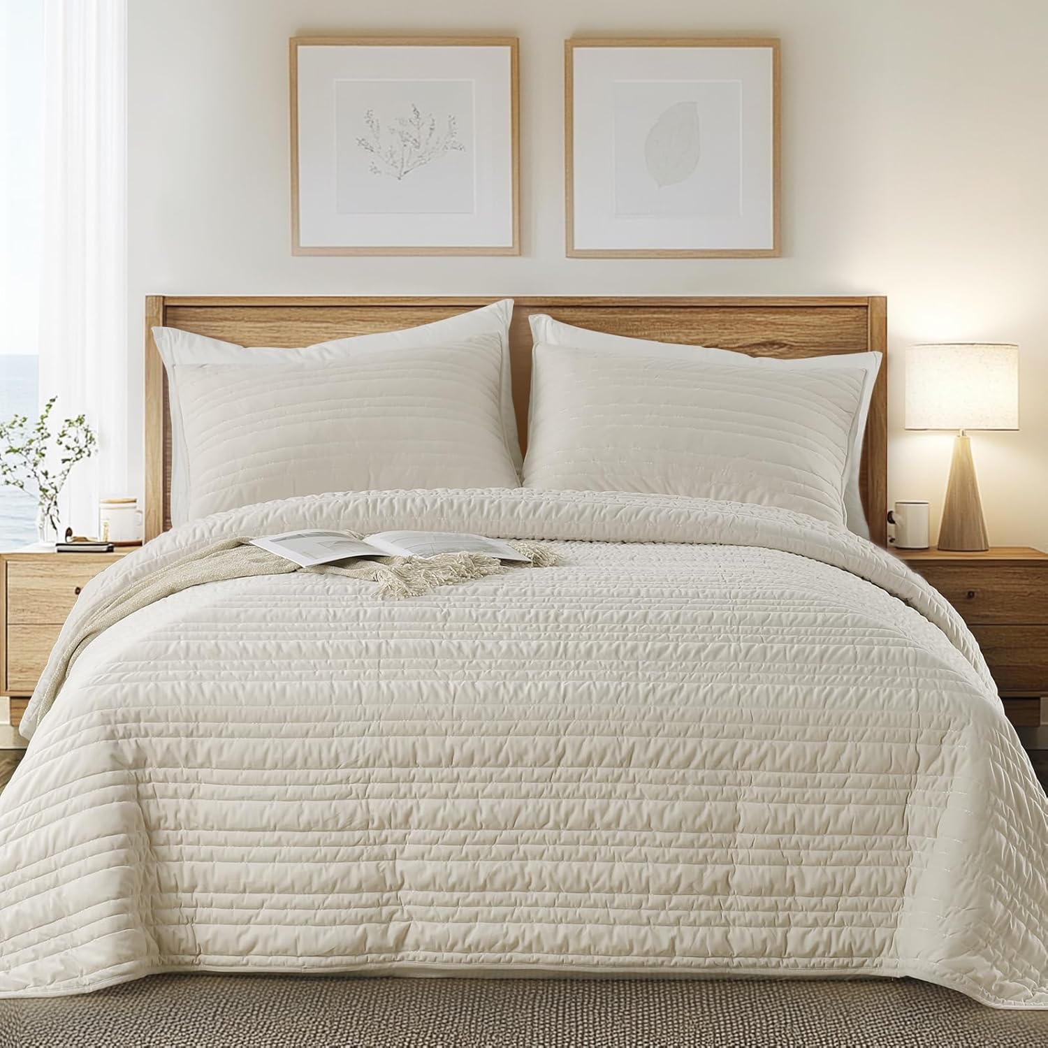 KASENTEX Luxury Velvet Quilt Set 3 Pieces Oversize King,Soft Bedspread Coverlet with 2 Pillow Shams, Lightweight Bed Blanket, Elegant Stitch Design, Machine Wash All Season Bedding,Light Khaki