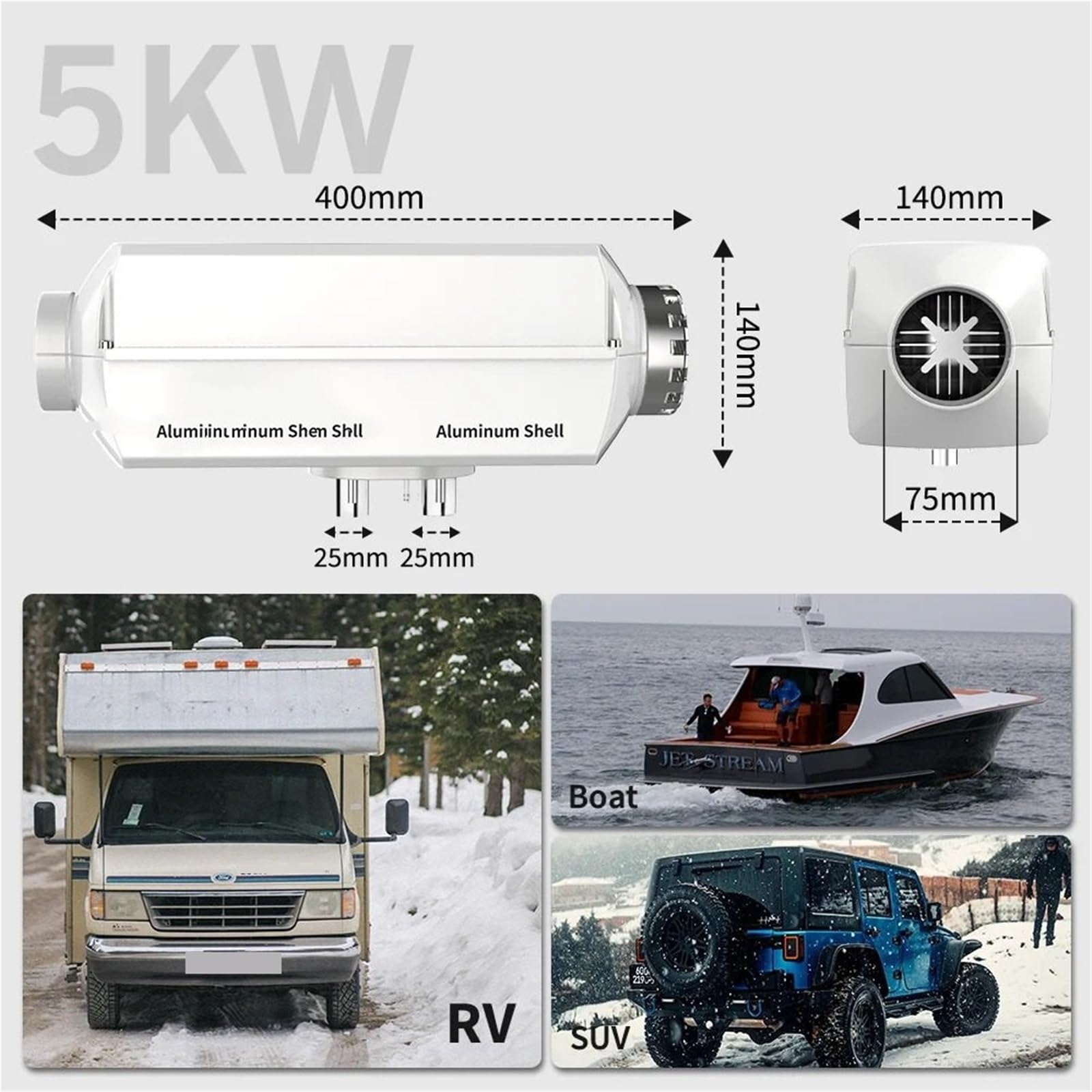 nagrzewnica powietrza 12V 2KW lub 5KW aluminiowy podgrzewacz powietrza na olej napędowy, ogrzewanie postojowe do samochodów osobowych, autobusów, ciężarówek, łodzi(5KW)