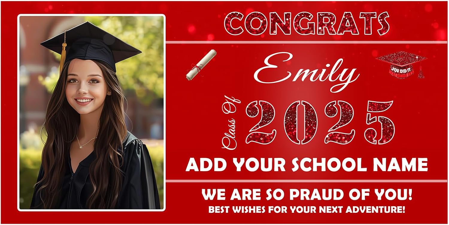Personalized Class of 2025 Graduation Banner with Photo Large Graduation Event Party Decoration Vinyl Customized Congratulations Banner Graphic (72×30 inch - One Side)