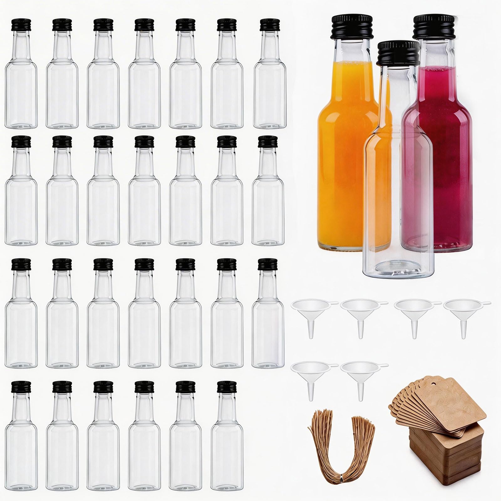 Yeqqzq 30 Pack 50 ml Mini Liquor Bottles with Black Cap, Alcohol Bottles with Funnels and Labels for Alcohol, Spirits, Liquor, Airtight Spirit Bottle for Weddings,Party Supplies