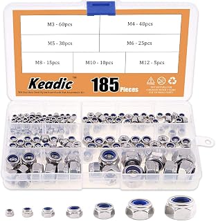 185Pcs 304 Stainless Steel Metric Nylon Insert Lock Nut Assortment Kit - 7 Sizes: M3 M4 M5 M6 M8 M10 M12