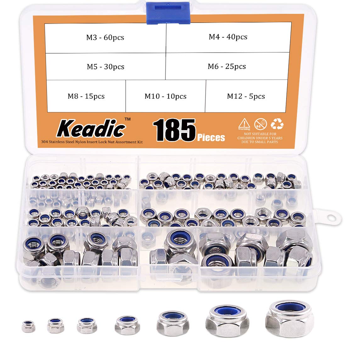 Keadic 185Pcs 304 Stainless Steel Metric Nylon Insert Lock Nut Assortment Kit - 7 Sizes: M3 M4 M5 M6 M8 M10 M12