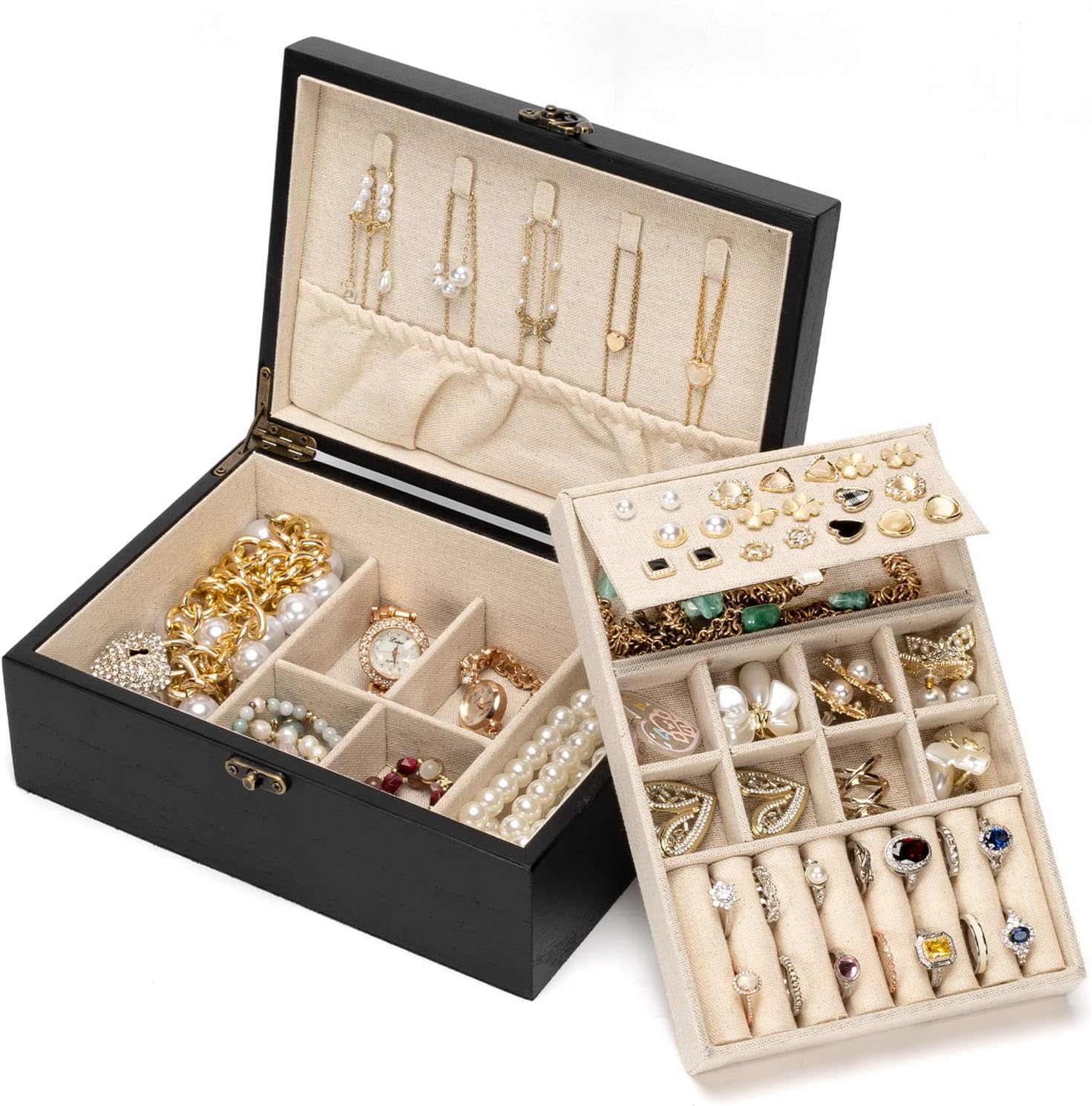PoyiloooPoyilooo Jewelry Box Organizer, Solid Wood Jewelry Boxes for Women, Double Layer Jewelry Organizer Box Display Earring Necklace Bracelet Ring, Rustic Style Small Jewelry Box for Girls