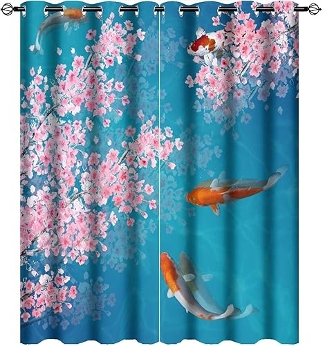 Cortinas retro de pez japonés para dormitorio, estilo rústico, asiático, japonés, flor de cerezo, aislamiento térmico, oscurecimiento de la