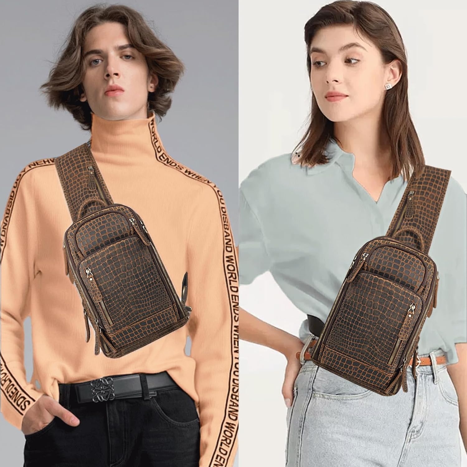 Fshsupレザースリングバッグ、男性用スリングバッグ、メンズクロスボディタクティカルショルダーバッグ、ヴィンテージバックパック、レ 【防犯】