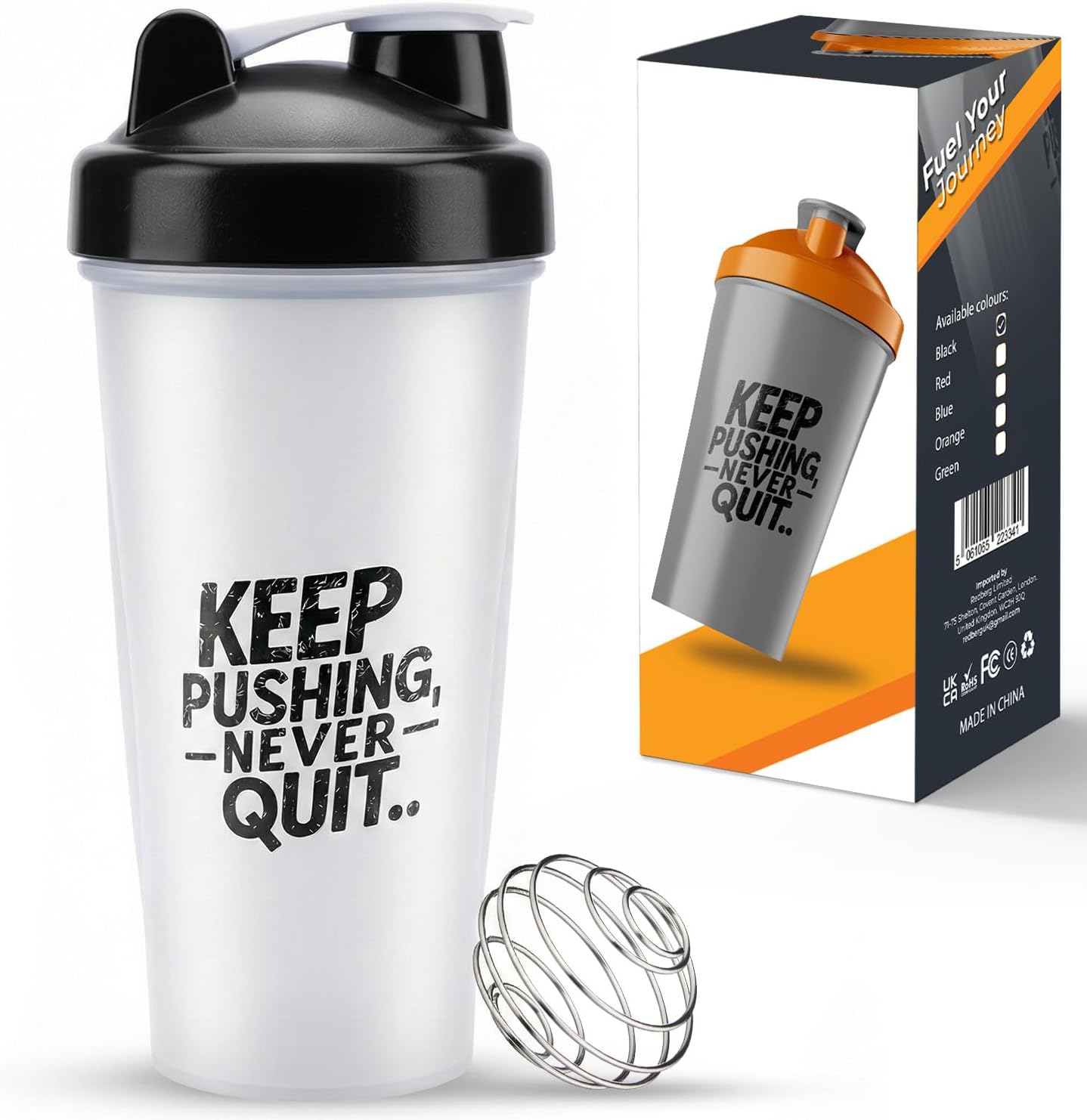 Roe Tenpo Protein Shaker Bottle 600ml, Leak-Proof, BPA-Free, Dishwasher Safe Gym Shaker for Protein Shakes with Wire Mixing Ball, Wide Mouth, Gym Bottle for Smoothies, Pre-Workout & Supplement Drinks