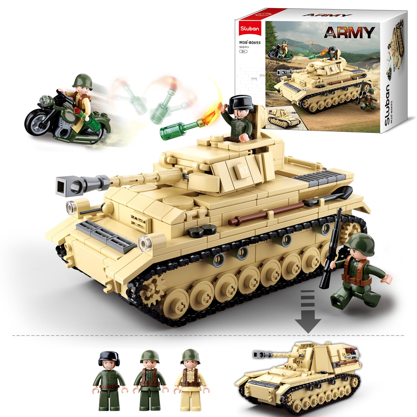 Army Tank Panzer IV, 2 in 1 Model Toy Set, WW2 Scale Model Kit, with 3 Military Minifigures, Tank, Motorcycle, Gifts for Boys Aged 6-12 and Adults, Compatible with Lego Military Set, 543 PCS