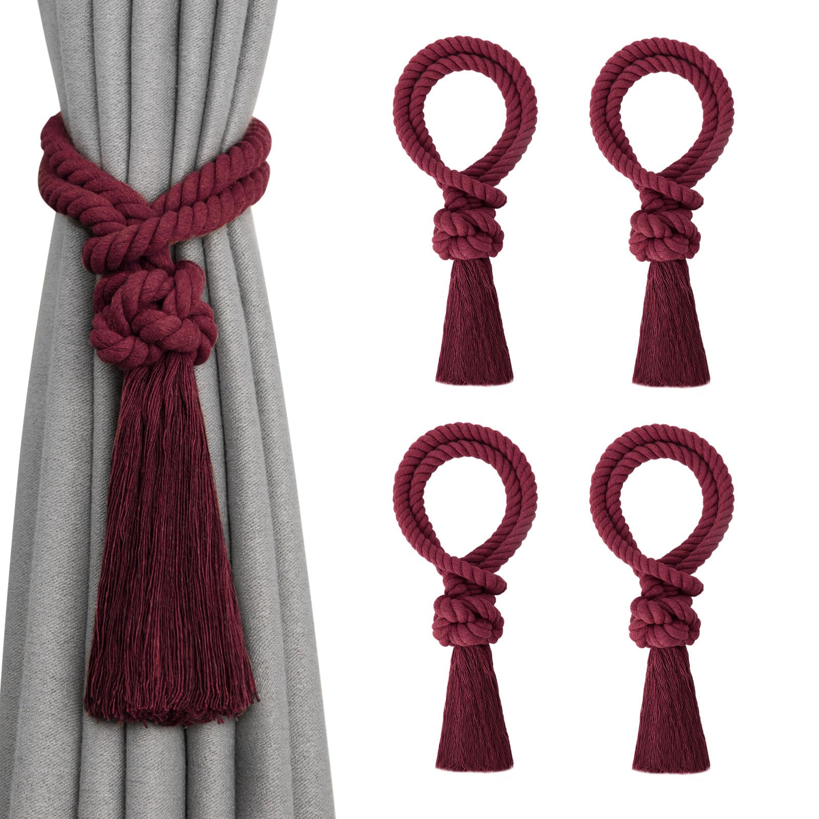 Pretty Jolly 4 Pack Natural Cotton Rope Tassel Curtain Tiebacks Boho Home Decor Drape Tie Backs Hand Woven Ball Curtain Holdbacks for Thin & Thick Home & Office Window Draperies (Wine Red)