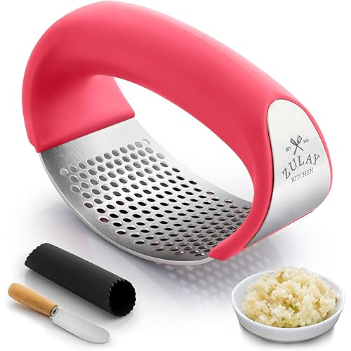 Zulay Kitchen Stainless Steel Garlic Press Rocker Set - Premium Garlic Mincer Garlic Crusher - New Innovative Garlic Crusher with Peeler and Scraper - Comfortable Grip (Red)