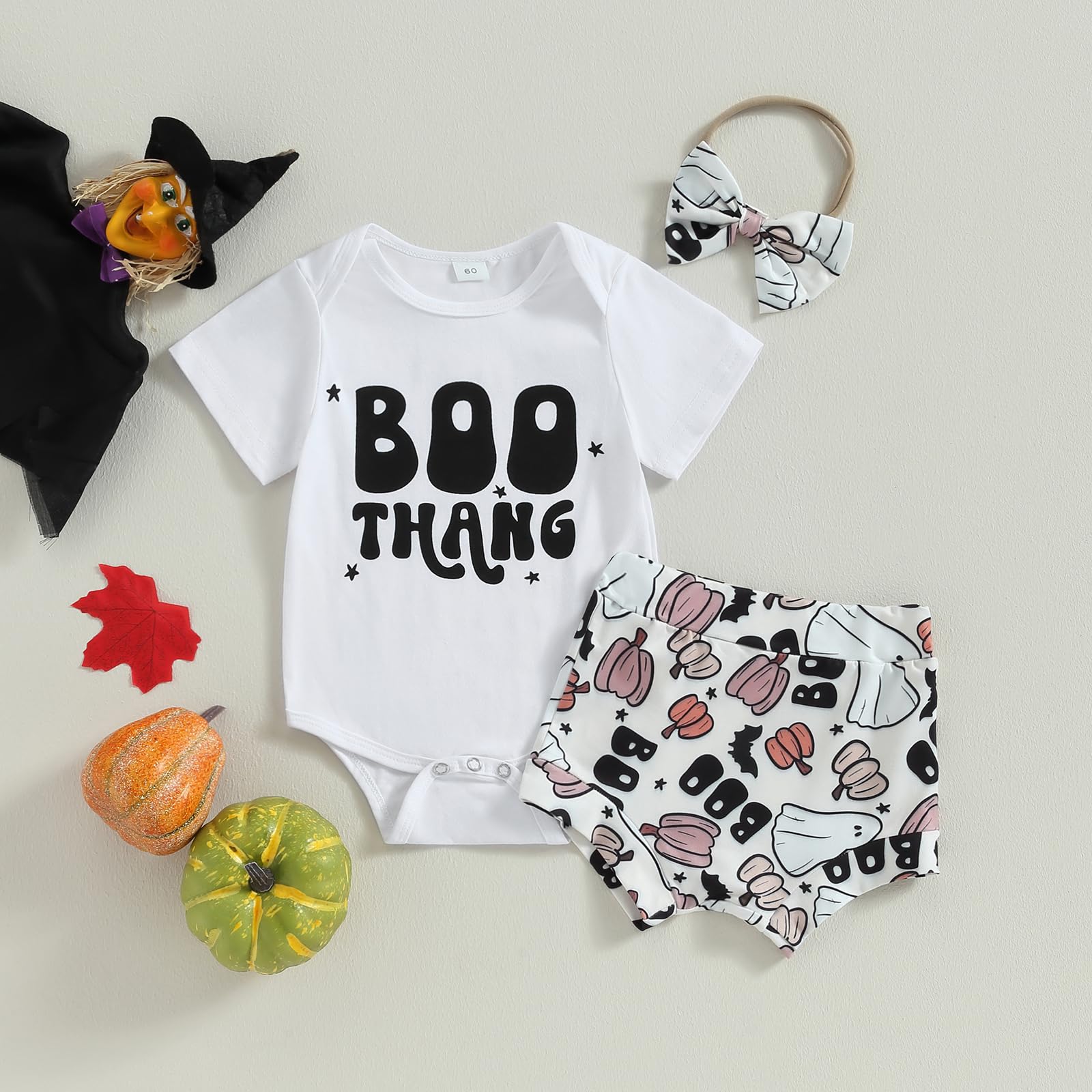 Lamuusaa Newborn Baby Girl Halloween Outfit Hey Boo/Boo Thang Short Sleeve Romper Skull/Ghost Shorts Headband Set 0-18M (Boo Thang, 12-18 Months)