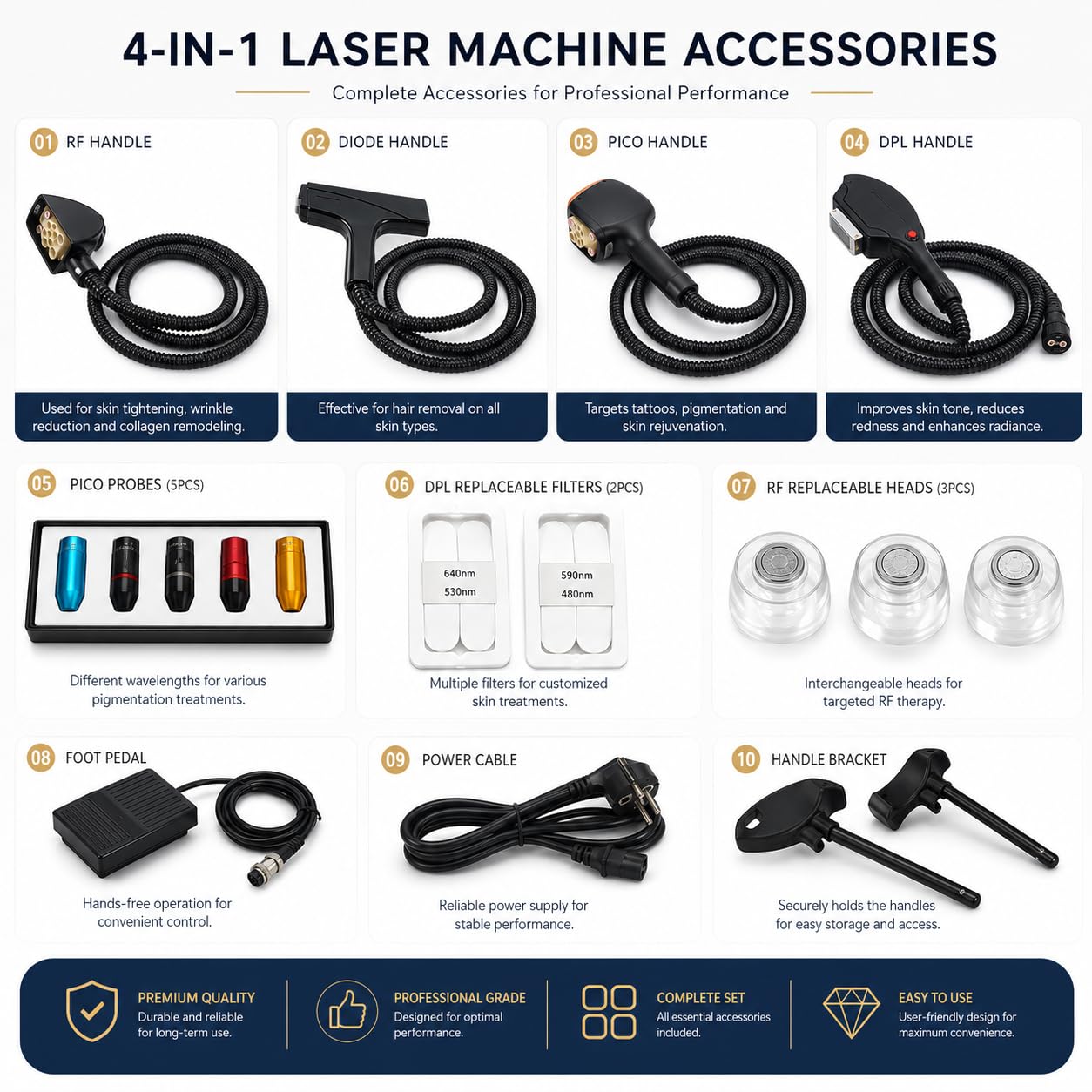 Máquina Láser Estética 4 en 1 para Depilación, Rejuvenecimiento de la Piel, Eliminación de Tatuajes y Reafirmación con RF, 755nm 808nm 1064nm, Equipo de Sobremesa Multionda