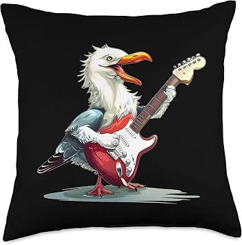 Rocking Seagull on the Beach with Guitar Throw Pillow