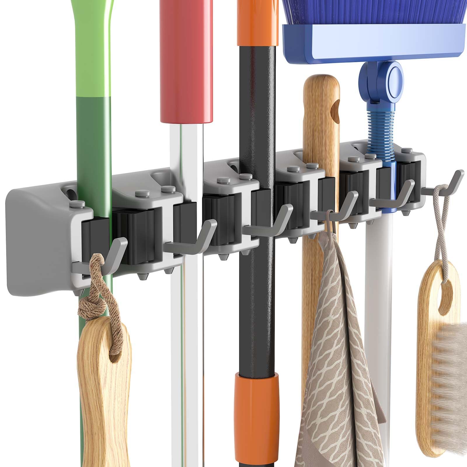 Lifewit Portascope da Muro Appendibile, Supporto Parete per Scopa e Materiali per la Pulizia, 5 slot 6 Ganci, Nero