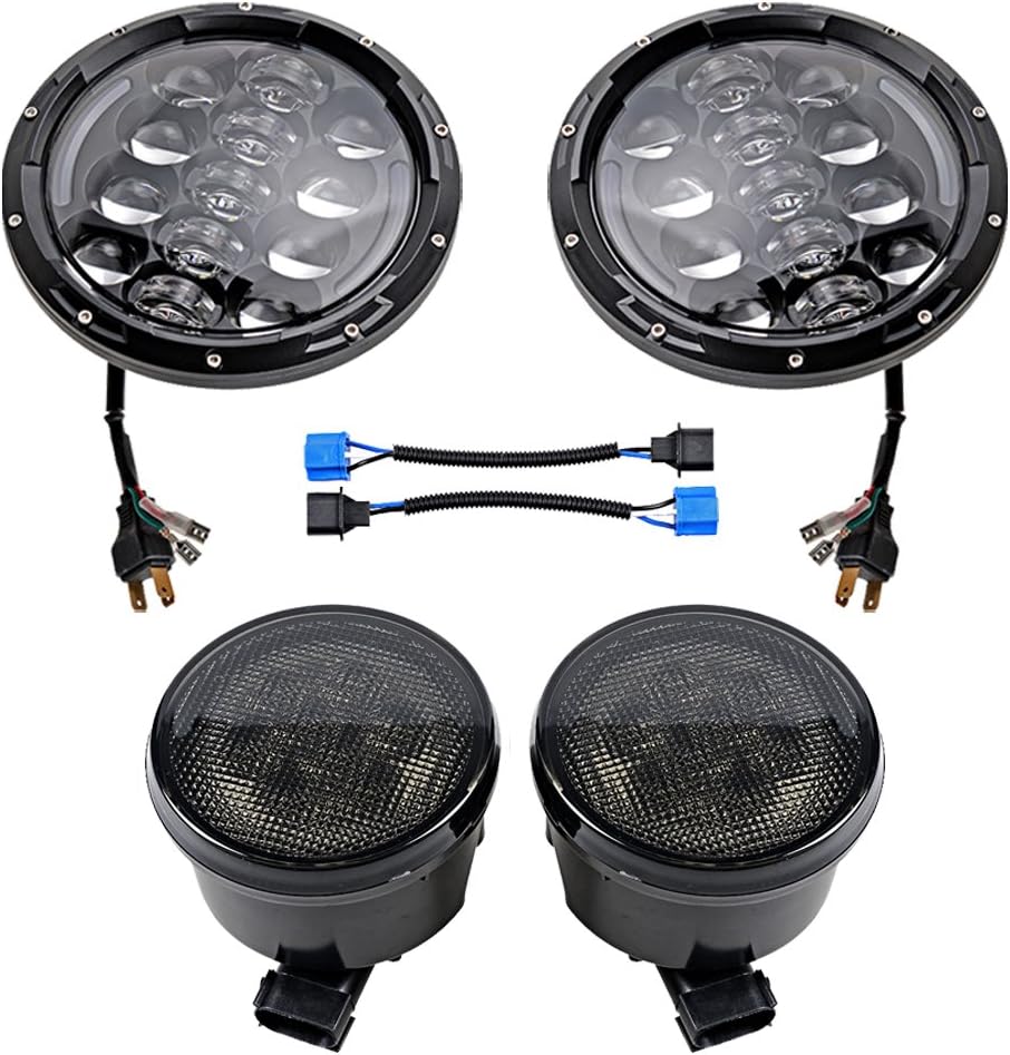 Astra Depot Pair 105W 7 inch (ound LED Headlight + 2pcs Smoke Turn Signal Light Compatible with Jeep Wrangler JK JKU 2007-2016