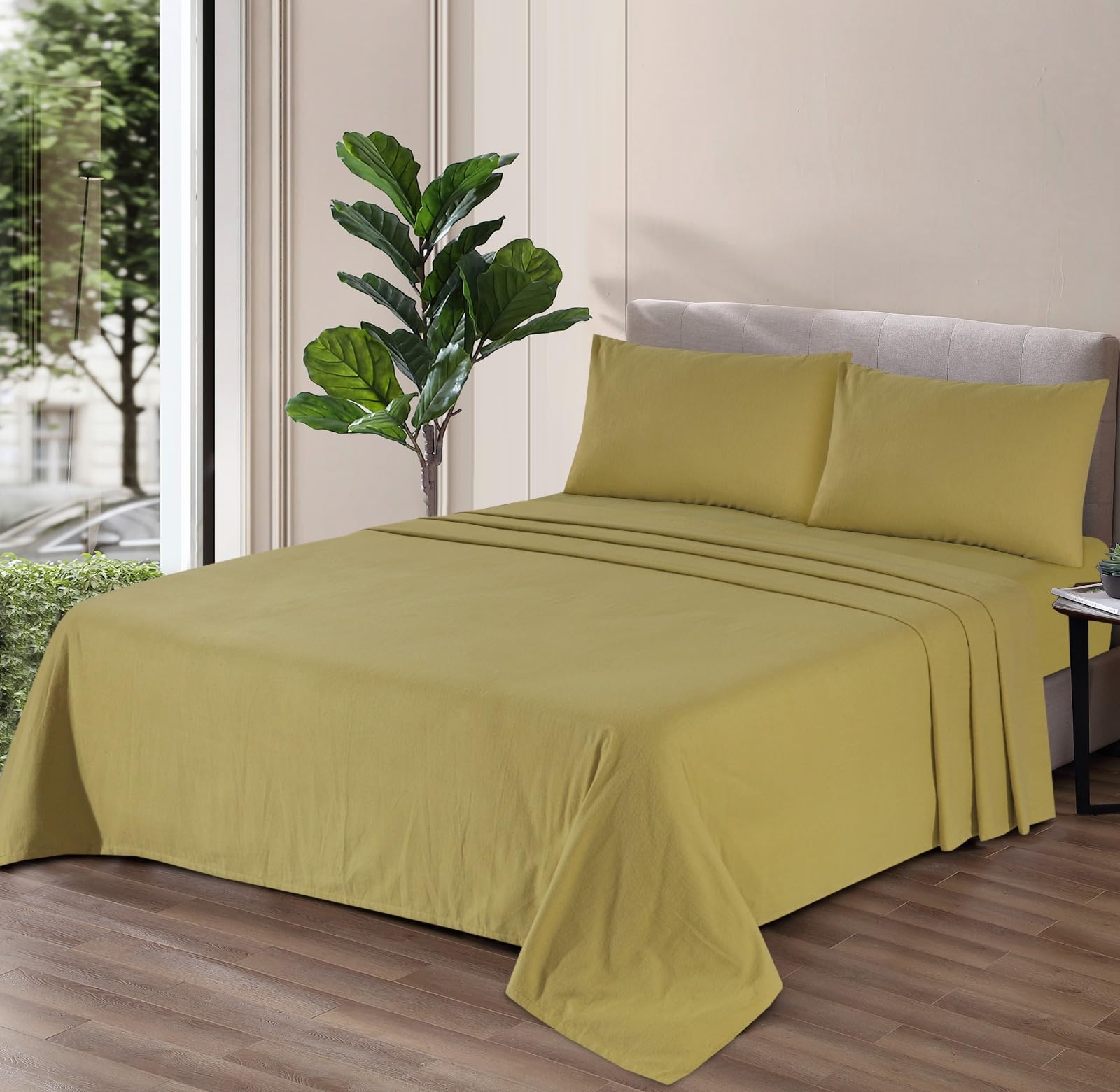Flannelette Flat Sheet, 100% Brushed Cotton, 160 GSM Luxury Quality, 32CM/13" Plain Colour, Easy Care flannelette Bedding, Super Soft (Olive Green, Double Flat Sheet)
