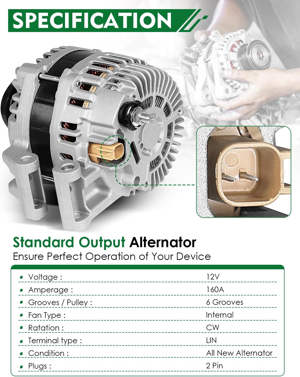 160A 2.4L Upgraded Alternator for:-Jeep Cherokee 2014 2015 2016 2017 2018 2019 2.4L Compass 2017-2022, Renegade, for:-Chrysler 200, for:-Ram, L4 12V 160Amp 6 Grooves CW, OE# 56029624AB (NEW)