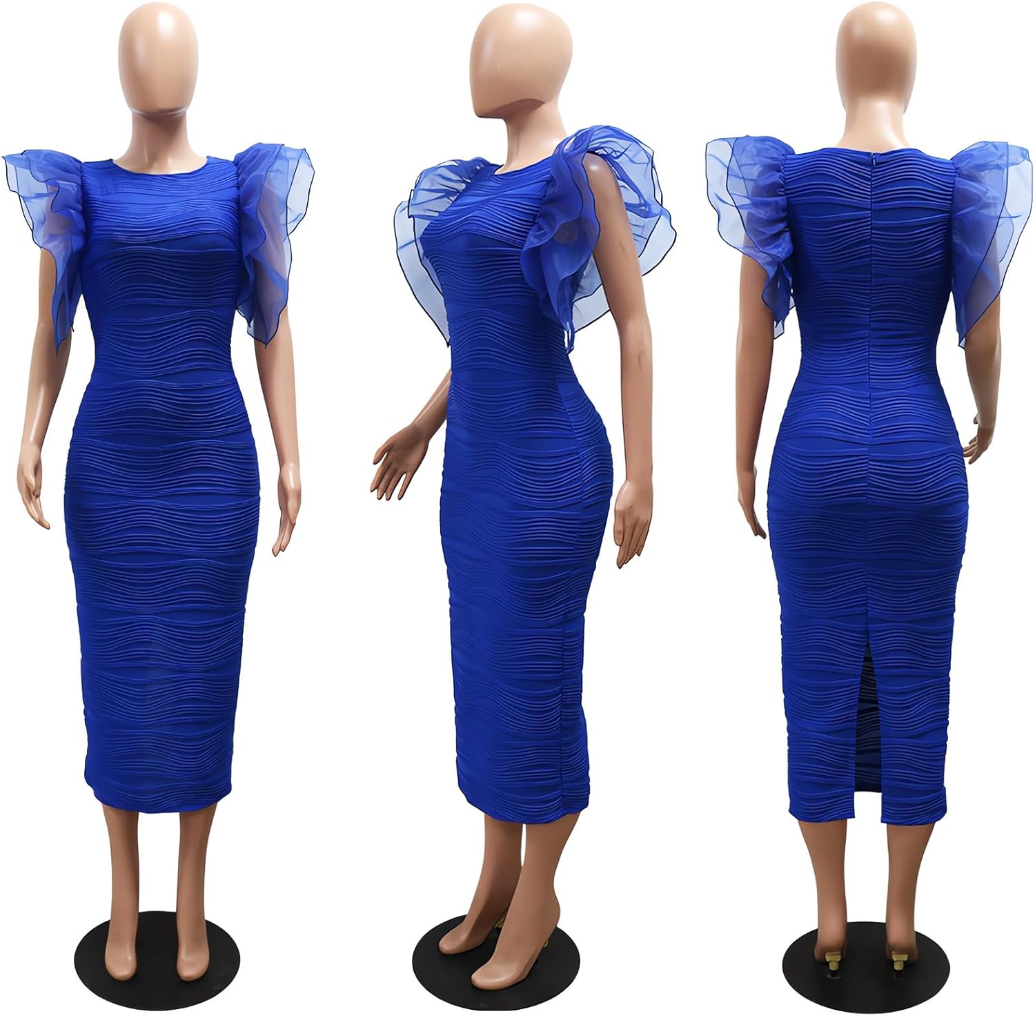 VJJ AIDEAR Women's Flutter Sleeve Ruched Bodycon Textured Pencil Dress Stretchy Business Office Party Dress - Image 2