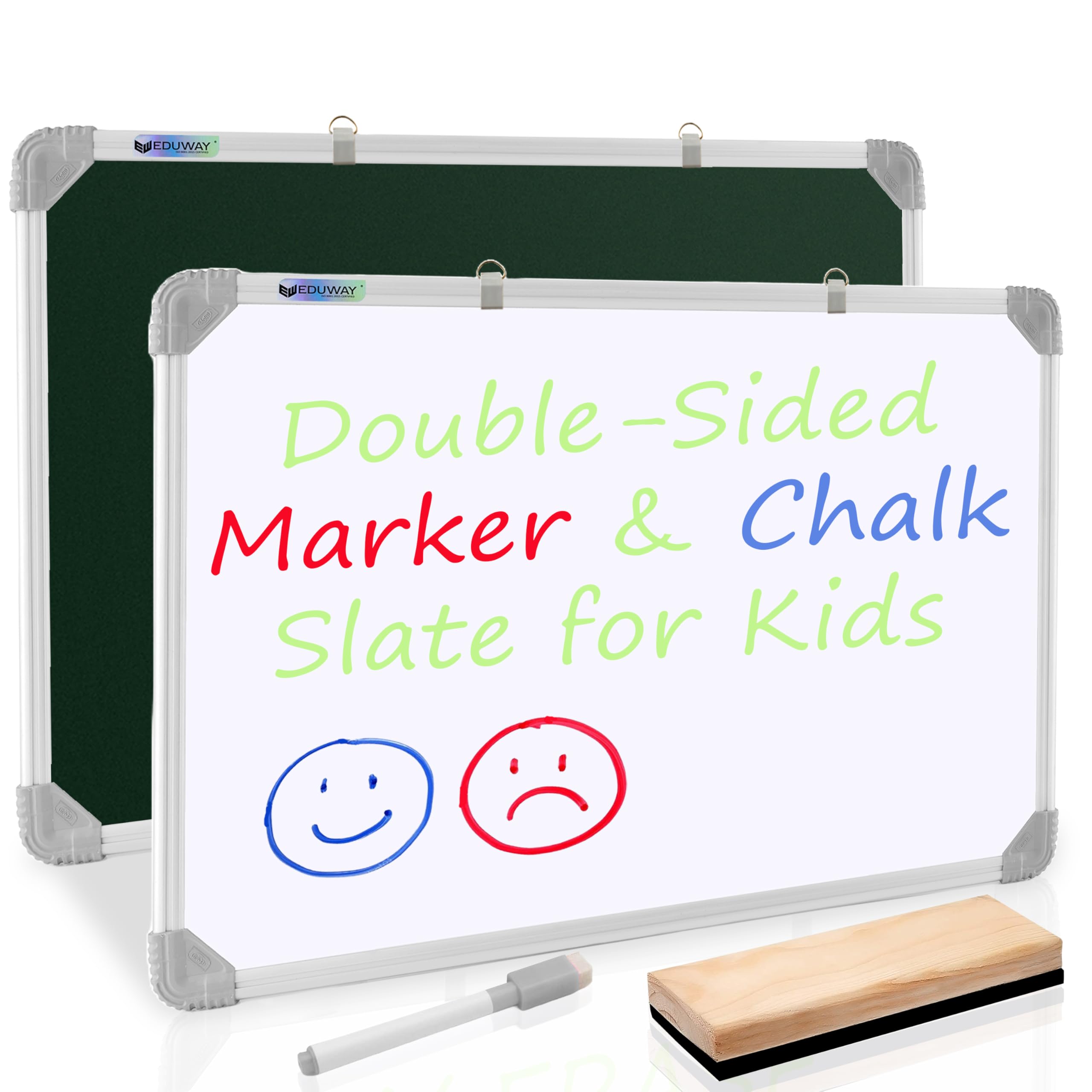 Eduway Non Magnetic 2 in 1 Learn N Write 1x1.5 Feet Slate for Kids | Double Sided Front for Chalk & Reverse Dry Erase Marker Board with PVC Corners | Learning for Kids (29x41 Cms),(Green, White)