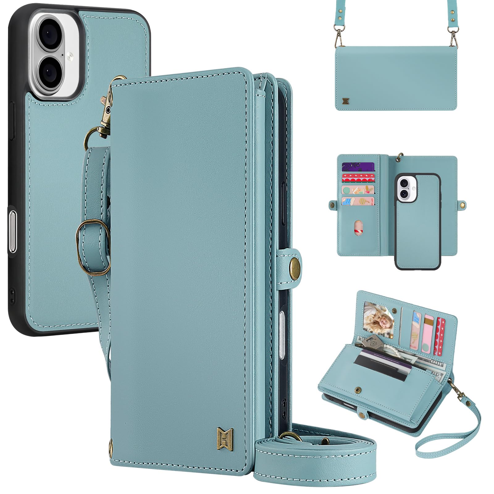 MEGSHI for Wallet Case Compatible with iPhone 16 Plus,Multi-Function Detachable 2 in 1 Magnetic iPhone 16 Plus Case Wallet,Flip Strap Zipper Card