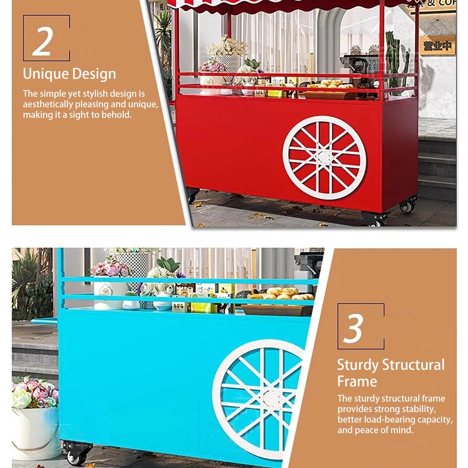 Móvil de Venta Ambulante de Comida,Genérico Puesto de Mercado con toldo,Exquisita construcción en Hierro Forjado, Gran Capacidad de Carga,para Tiendas minoristas en Calles.(Nero,120 * 60 * 190cm)
