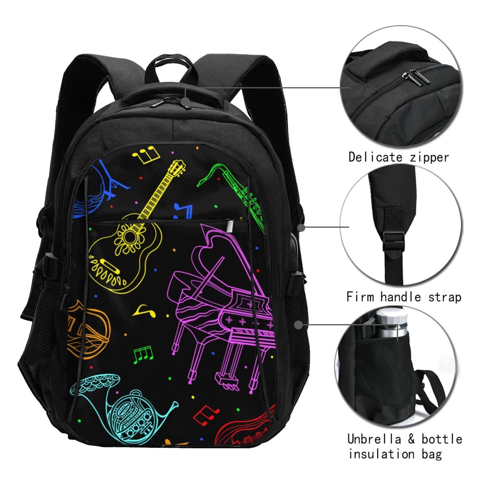 InOmak Musikinstrumente in Neonfarben, Reiserucksack, Freizeitrucksack, Schulrucksack, Laptop-Rucksack für Damen und Herren
