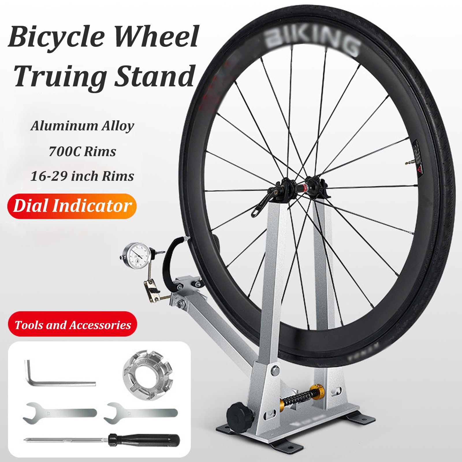 Soporte Rueda de Bicicleta aleación de Aluminio, Ruedas de 16 a 29 Pulgadas Ruedas 700C con indicador cuadrante Herramienta de Equilibrio alineación Soporte reparación de Mantenimiento