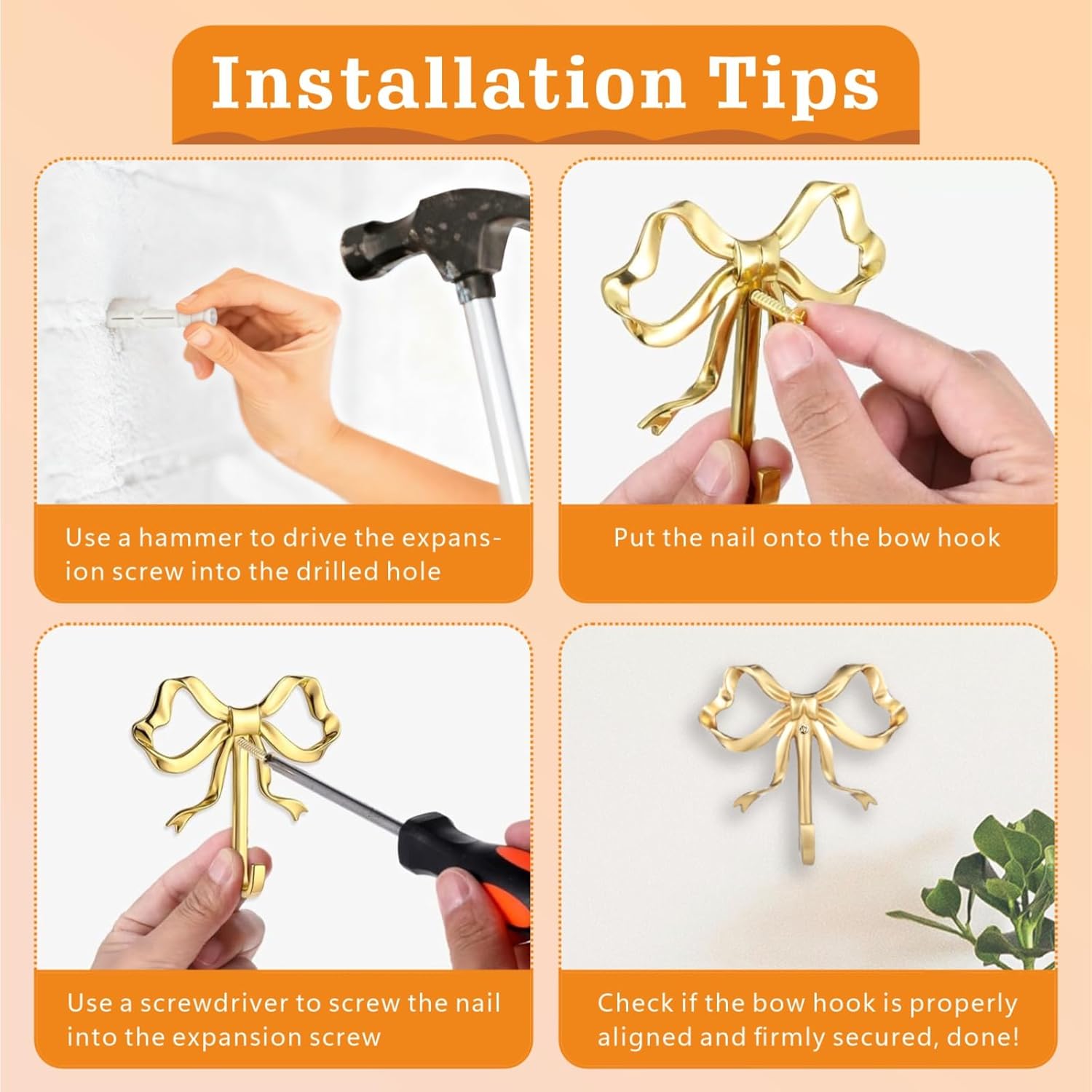 2 Pcs Gold Bow Wall Hooks - Elegant Brass Coat Hanger, Multi-Purpose Towel Hooks for Bathroom, Living Room & Kitchen - Elegant Gift for Home Decor (Gold 2L)