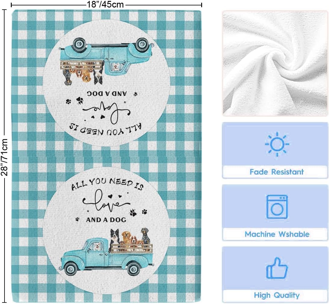 Kitchen Dish Towels Old Truck with Dog Water Absorbent Hand Towels Farmhouse Teal Green Buffalo Check Plaid Tea Towels Dish Cloths for Kitchen Cleaning Drying Set of 2