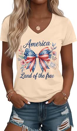 Huukeay 4th of July Shirts for Women, V-Neck Patriotic Tops Independence Day T-Shirt American Flag Graphic Tees