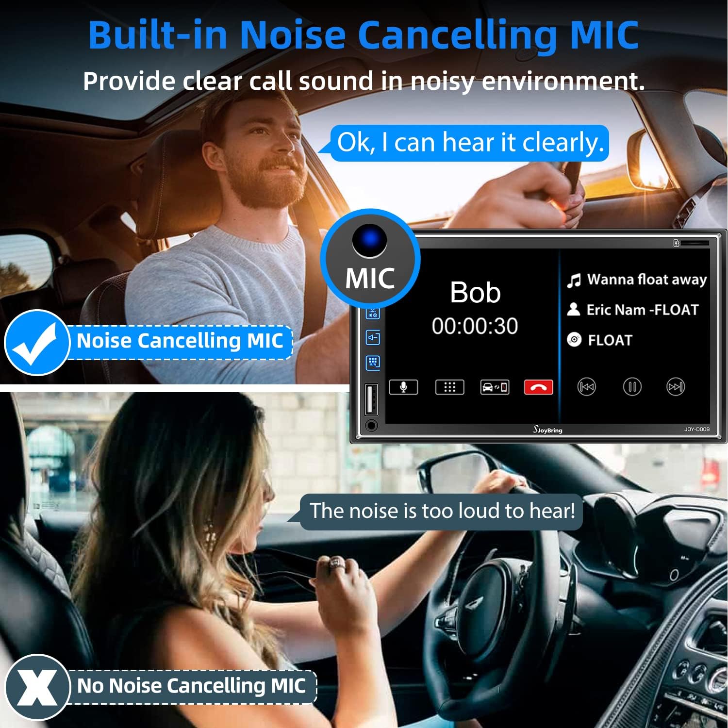 Comparison showing clear call sound with noise-cancelling mic versus noisy call without