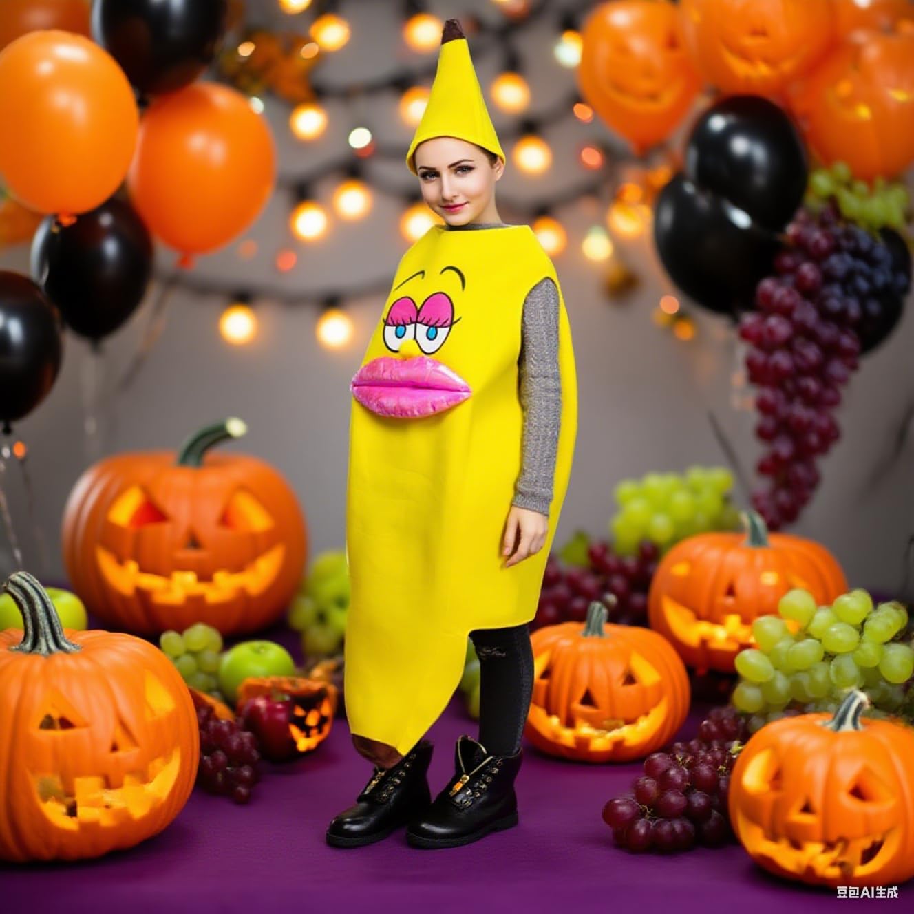 Halloween Banana Costume for Women, Big Lips Banana Onesie One Size Fruit Costume Adult, Suitable for Halloween Cosplay Party Family Events - Image 8