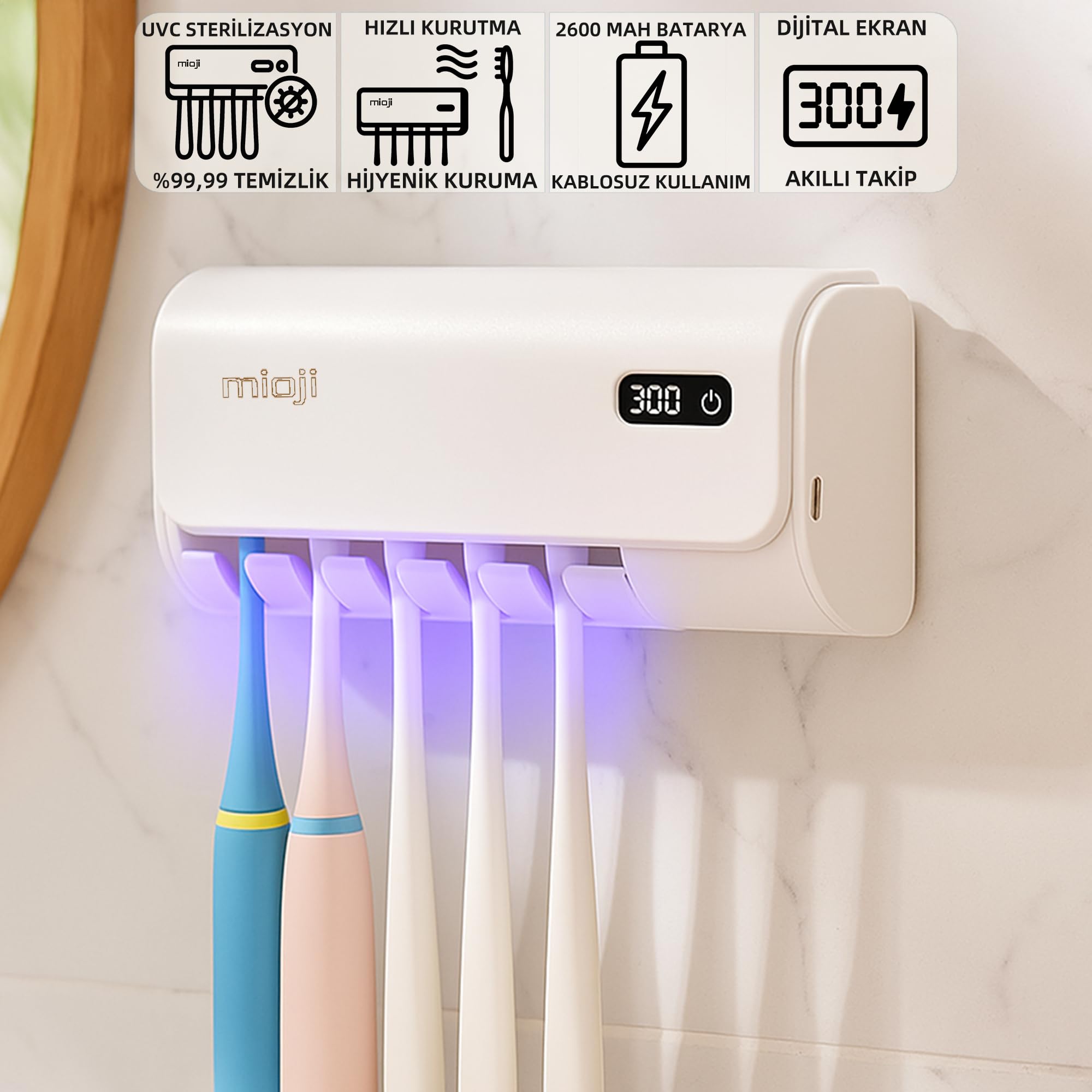 Mioji UV5F Pro 2600mAh Şarj Edilebilir UV Sterilizatörü Diş Fırçası Tutucusu Beyaz