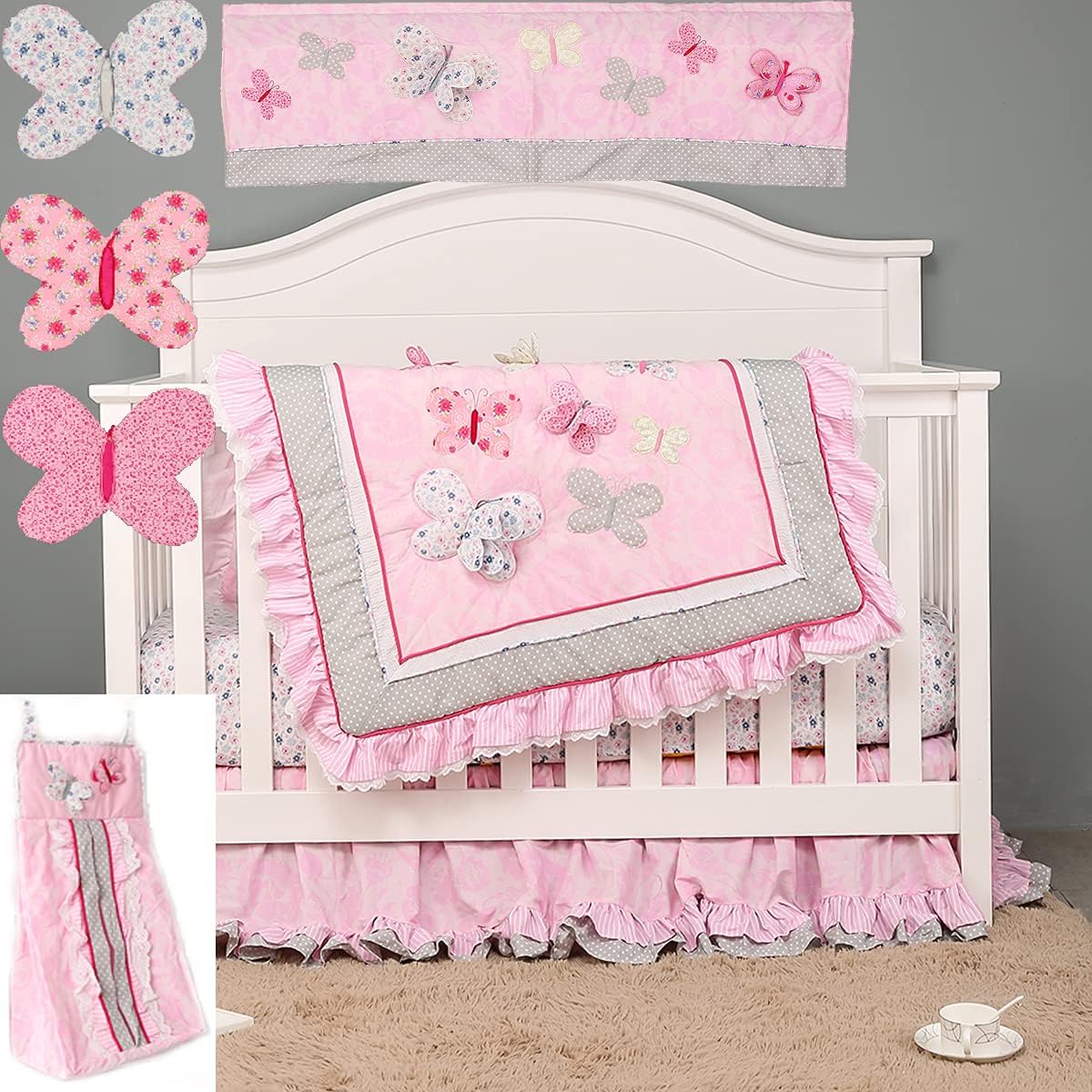 8 PCs Cotton Pink Embroidery Butterfly Nursery Crib Bedding Set Heavy Duty Cotton Themed Baby Girl Cot Bedding Set Quilt Fitted Sheet Skirt Diaper Storage Bag Window Valance 3, 28 X 52