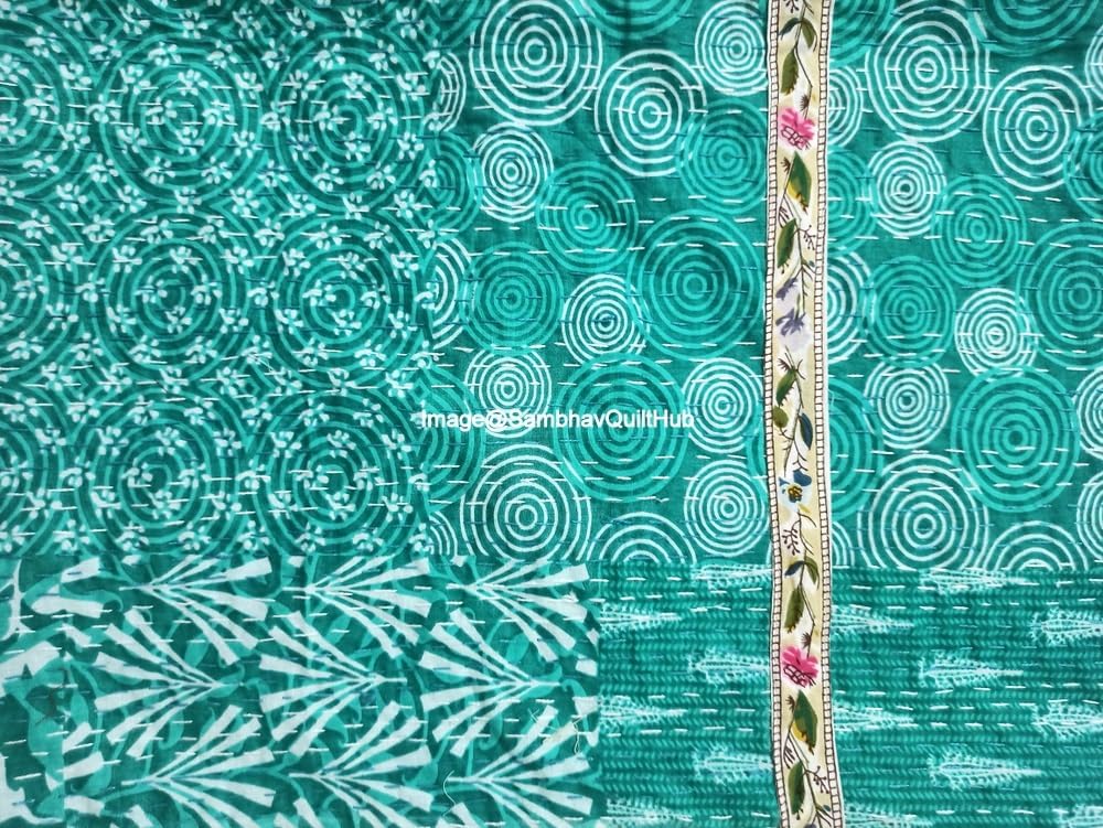 Green Indigo Print Less Cotton Handmade Handblock Quilted Blanket Indian Cottodspread Kantha Indigo Print Beork Bohemian Bed Decor Block Throw Blanket Twin/King/Queen (90X108 inch)