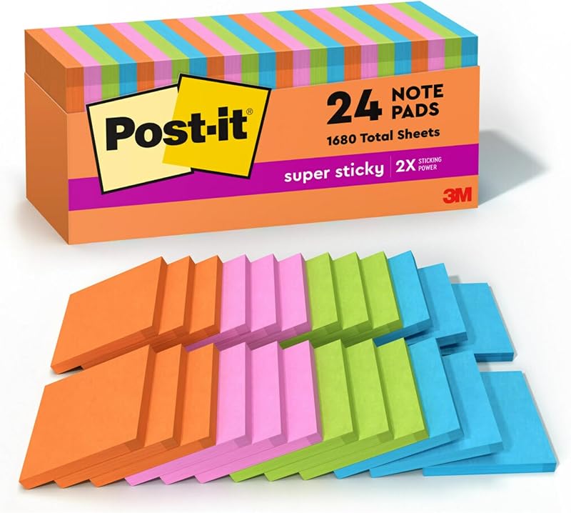 Notas post-it súper adhesivas, 3 x 3 pulgadas | Colección Energy Boost | Para organización | 24 almohadillas, paquete de 8