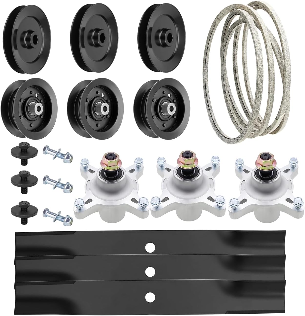 q&p Deck Rebuild Kit fit for Blades Pulley Spindles Belt Z5000 Z5020 Z5030 Includes (3) Spindle 117-7268 (3) Idler Pulley 125-5575 (3) Idler Pulley 106-2175 (1) V-Belt 120-3892 (3) Blade 12273