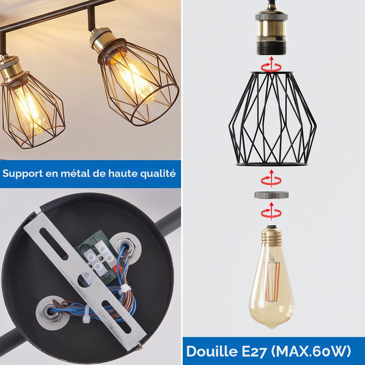 ANWIO Luminaire Plafonnier LED, 3 Spots de Plafond Orientable, E27 Rampe Spot LED Mural, Plafonnier Couloir, Chambre, Cuisine, Salon (Sans Ampoules)