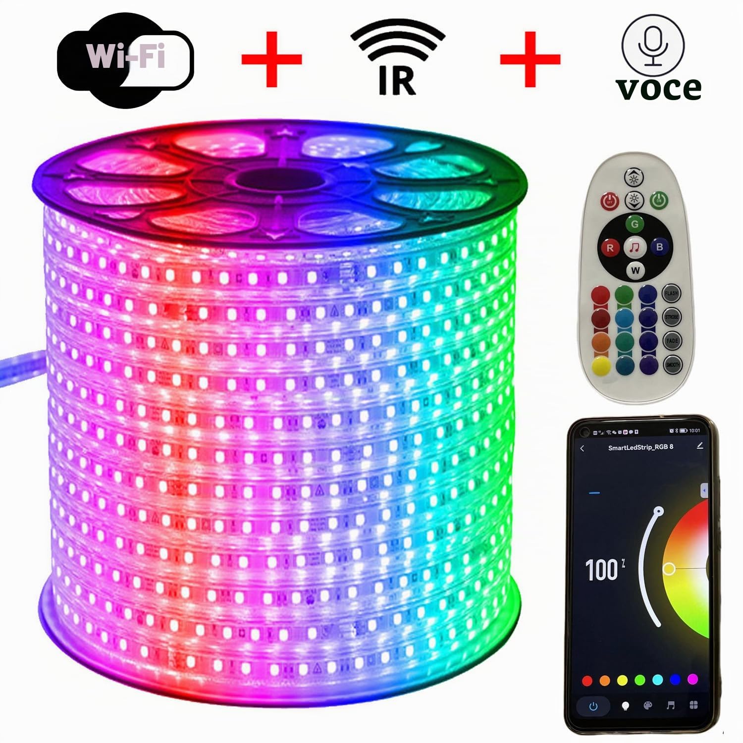 Striscia LED RGB 20 metro, controllata tramite WIFI, dimmerabile con trasformatore 220V e telecomando IR, 5050 SMD 60 LED/m, impermeabile IP65, compatibile con APP Tuya