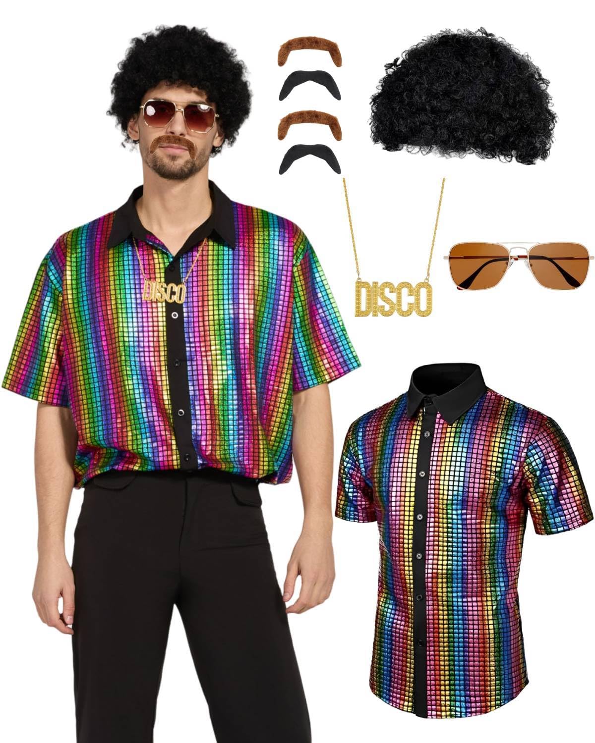 minkasic 70s Fancy Dress Mens 5PCS 70s Shirts for Men with Disco  Accessories Wig, Sunglasses, Fake Beard Disco Necklace, Abba Fancy Dress  Costume Men Set for 60s 70s Party (Multicolour, L) -