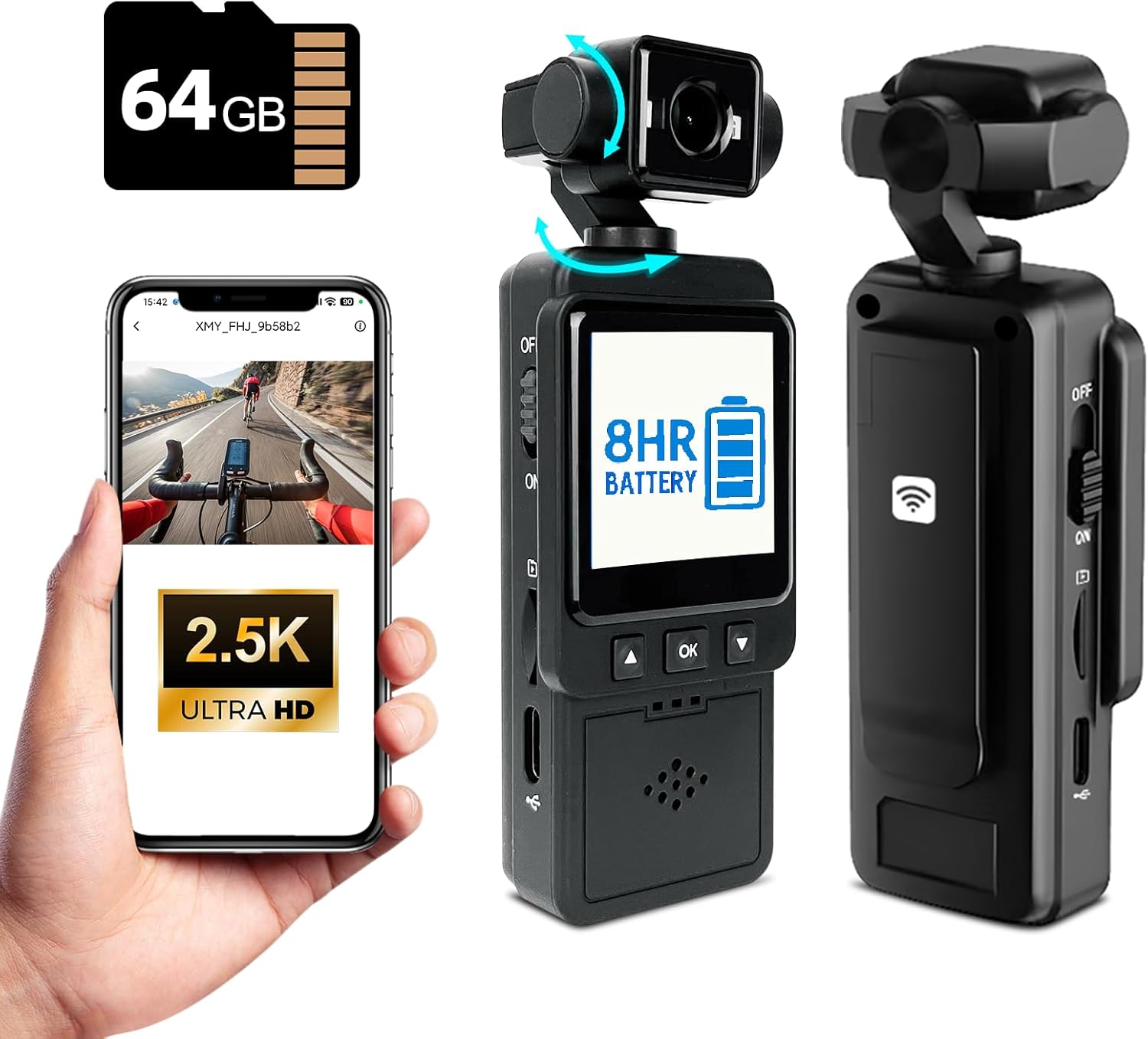 2.5K Body Cameras with Audio and Video Recording, Handheld Pocket Camera with WiFi, Night Vision, 8HR Battery, Mini Vlogging Camera for Travel, Sports, Work Records, Covert Recording. (64G)