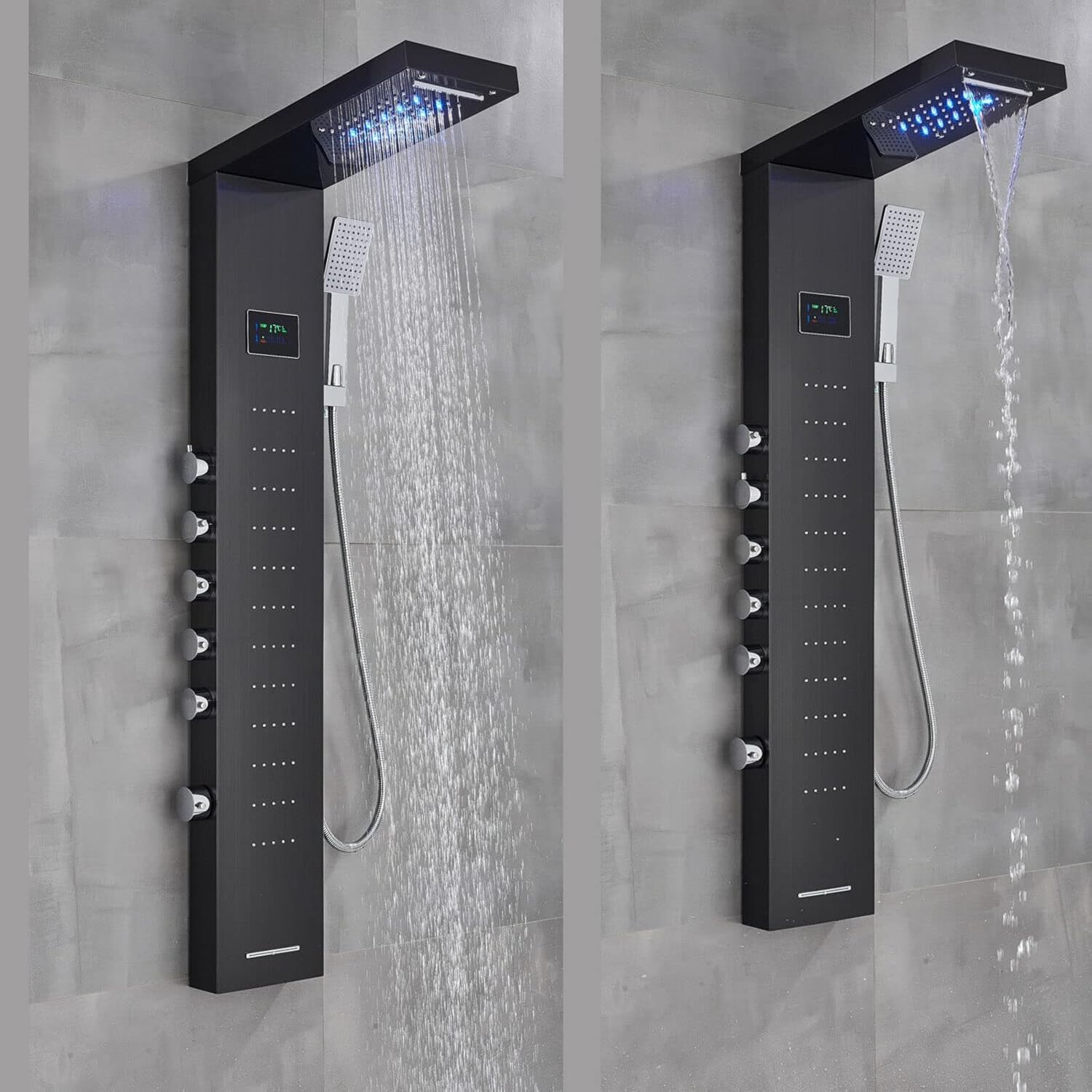 LED Shower Panel Tower Massage Body Jets System Rain Waterfall Stainless Steel Black Hand Shower