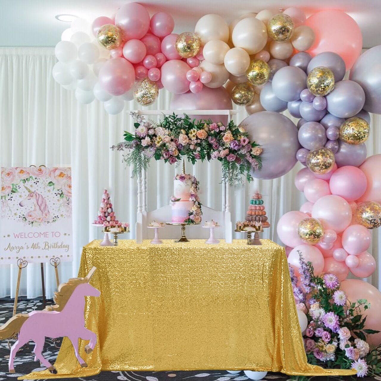 CEMIALLY Gold Sequin Tablecloth for Parties Decor,50"x50" Rectangle Cover Overlay Glitter Small Table Cloth for Wedding Birthday Baby Shower Bridal Banquet Dessert Reception