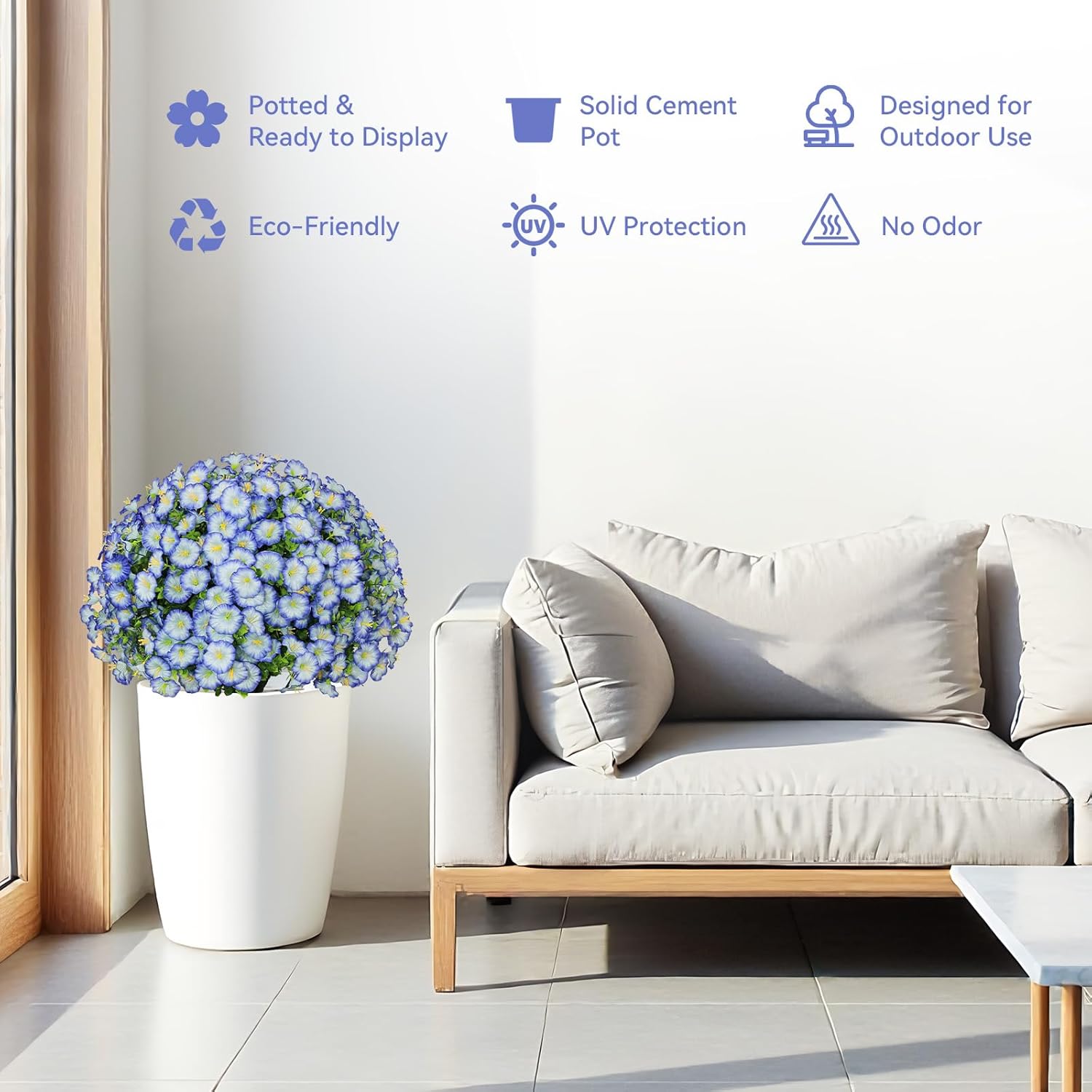 24" Artificial Potted Plants Outdoor Set of 2, UV Resistant Faux Blue Flowers with Eucalyptus, Decorative Plants in Pots for Front Porch, Patio & Entryway